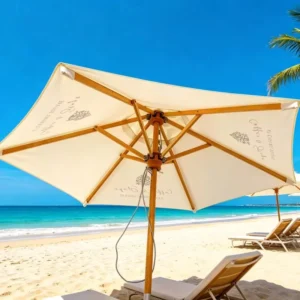 Wood Frame Sun Parasol Umbrella with Valance Trim, Ivory UV-Protective Fabric