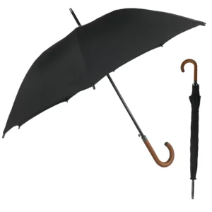 Wood-Handle Straight Umbrella with Custom Logo, Windproof Rain and Sun Protection, J-Hook Handle for Business and Outdoor Use