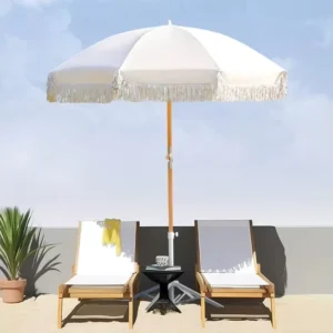 Wood Pole Patio Umbrella Tropical Outdoor Sun Umbrella with Fringed Tassels for Dining and Garden