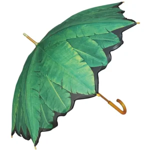 Wood Stick Windproof Banana Leaf Print Straight Blunt Umbrella
