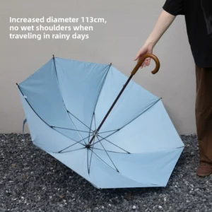 Wooden Curved-Handle Manual-Open Straight Umbrella, 280T Pongee Fabric, 113 cm Large Canopy, Fiberglass Frame