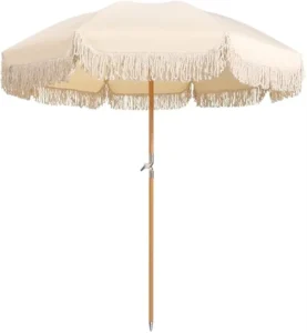 Wooden Grain Iron Pole Beach Parasol Umbrella with Cotton Tassels