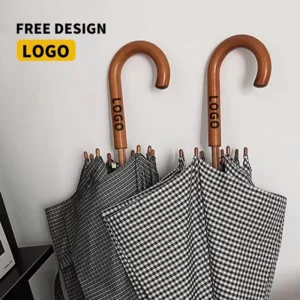 Wooden-Handle Checkered Straight Umbrella Custom Logo Print Black White Plaid Business Gift