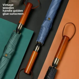Wooden Handle Gold-Rimmed Sun-Protection 8-Rib Straight-Shaft Men’s Business Retro Semi-Automatic Double-Layer Umbrella