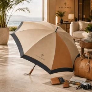 Wooden Handle Luxury Tourism Branded Accessories 14mm Fiberglass Frame 60mph Windproof 210T Fabric Custom logo Golf Umbrella