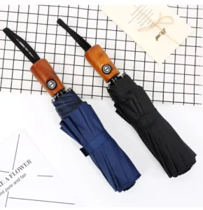 Wooden-Handled Three-Fold Automatic UPF 40+ Wind-Resistant Sun Umbrella
