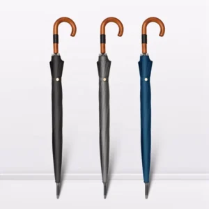 Wooden Hook Straight Umbrella Fiberglass Ribs 300T Pongee Windproof Vintage Business Gift Umbrella