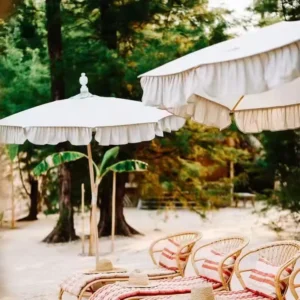 Wooden Pole Canvas Waterproof Pool and Garden Beach Umbrella with Tassels