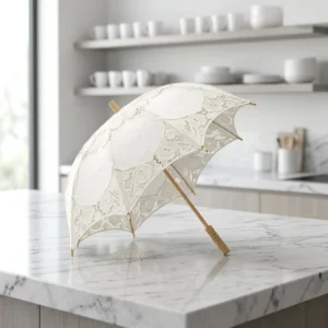 Wooden handled Lace trimmed Semi Automatic Classical Design Metal Ribs Craft Umbrella for Adults Western style Socialite Wedding