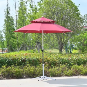 XWSD-1.3-1.5 Beach Sun Umbrella with Double Top, Glass Fiber Reinforced Frame, Wind Resistance, Khaki Burgundy Multi-Color UV Protection