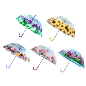 YS-1024 Transparent Birdcage POE Umbrella Flower Print Auto Open Clear Dome