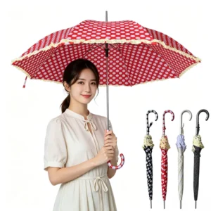 YS-1120 Auto Open Straight Umbrella 8K Ribs Ruffle Polka Dot Fabric 105cm
