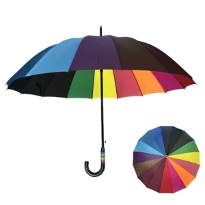 YS-1131 Rainbow Straight Umbrella 112cm Diameter J-Hook Handle Windproof 16 Ribs Colorful Long Stick Umbrella for Adults Outdoor