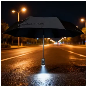 YS-3038 Portable Automatic 3-Fold Umbrella with Plastic Handle and LED Flashlight