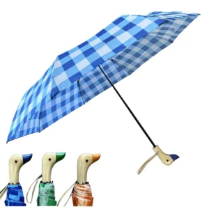 YS 3083 Factory Supply Cute Duck Shaped Folded Umbrella Wood Handle Plaid Pongee Fabric Windproof Manual Open 3 Fold