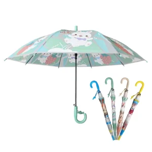 YS 6019 Hot Selling Straight Umbrella for Children Auto Open with Whistle POE Fabric Cartoon Animals Printing Kids Umbrella