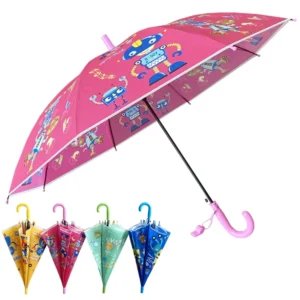 YS-6023 Factory Supply POE Children’s Umbrella with Robot Designs, Straight Shaft, and Whistle