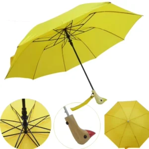 Yellow Duck-Shape Wood Handle 2-Fold Auto-Open Manual-Close Umbrella 190T Pongee Steel Frame