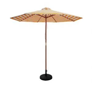 Yellow White Striped Wooden Center Pole Beach Umbrella with Polyester Filament Fabric for Garden and Courtyard