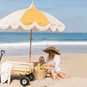 Yellow and White Striped Pagoda Patio Umbrella, UV 50+, Wave Tassels