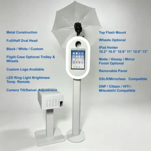 iPad Photo Booth Kiosk DSLR Camera System Adjustable Height Stand Ring Light Printer Support Flash Mount for Events