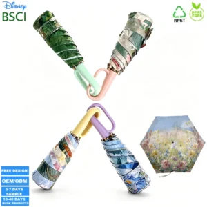in Stock New Small and Portable Five fold Six rib Hand open Ring Clip Sun Umbrella with Color Gel Fabric and Digital Printing